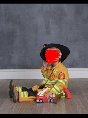 Child's Yellow Firefighter Costume with Helmet and Toy Axe